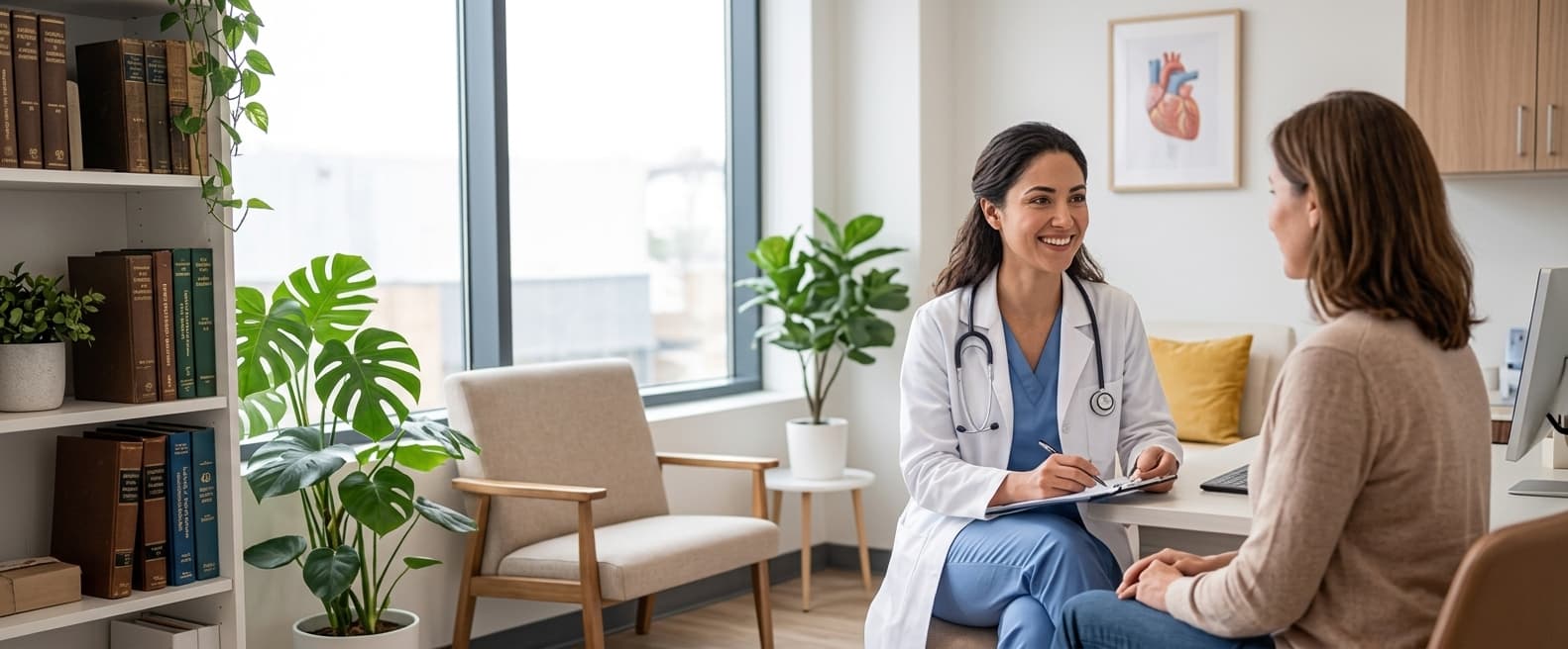 Médica sorrindo durante consulta com paciente no consultório